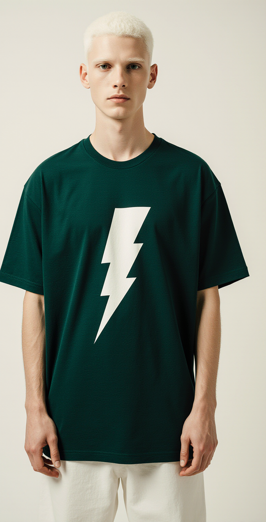 Power Down Oversized T-Shirt – Dark Green Streetwear Tee with Lightning Bolt Graphic