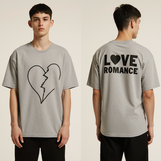 Love Romance Oversized T-Shirt – Gray Streetwear Tee with Broken Heart Graphic Print