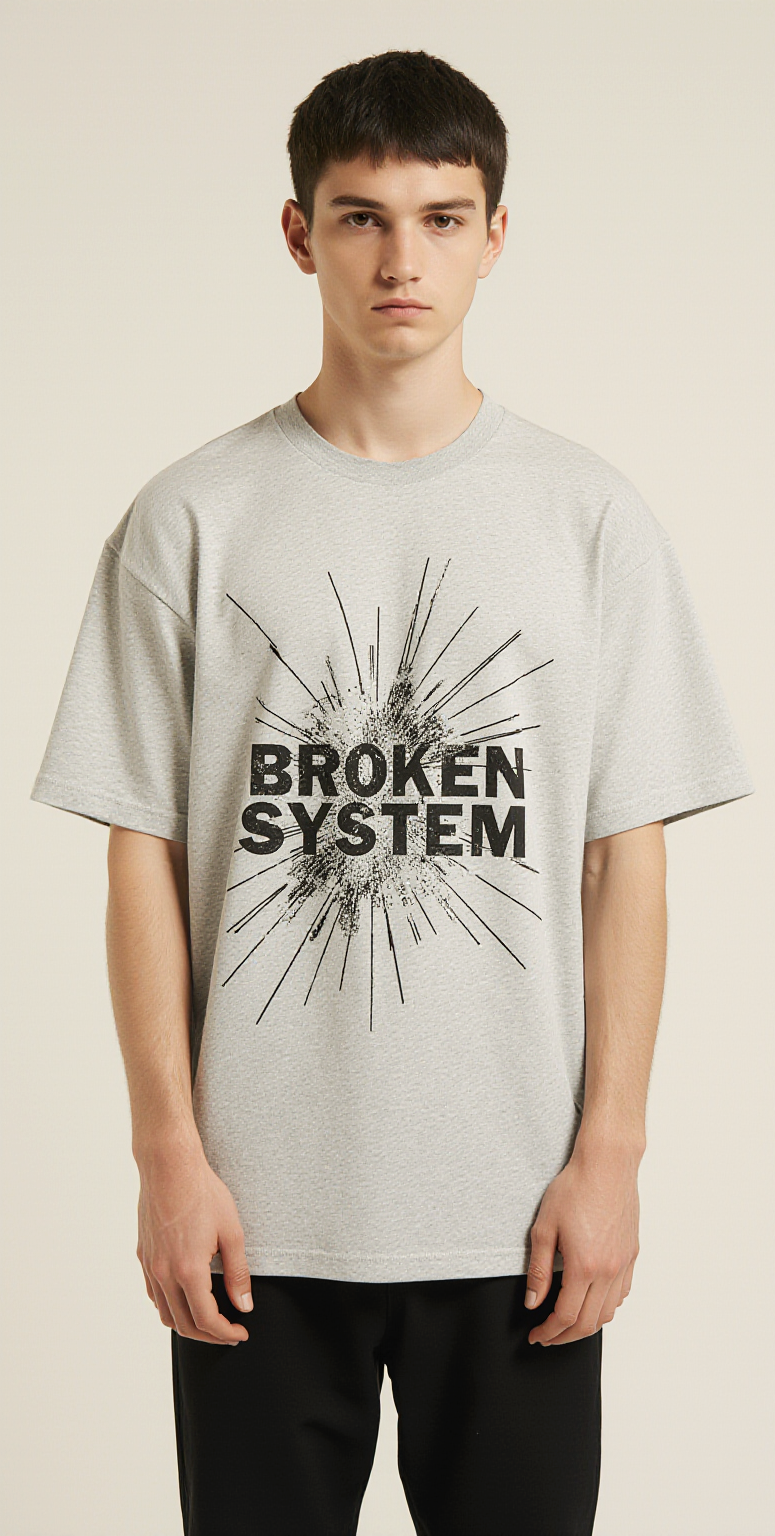 Broken System Oversized T-Shirt – Gray Graphic Streetwear Tee with Impact Print Design