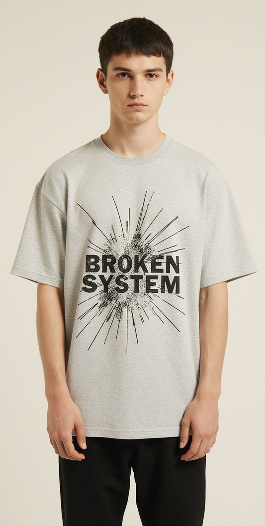Broken System Oversized T-Shirt – Gray Graphic Streetwear Tee with Impact Print Design