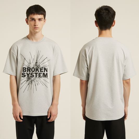 Broken System Oversized T-Shirt – Gray Graphic Streetwear Tee with Impact Print Design