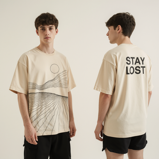 Stay Lost Oversized T-Shirt – Sand Streetwear Tee with Abstract Landscape Graphic