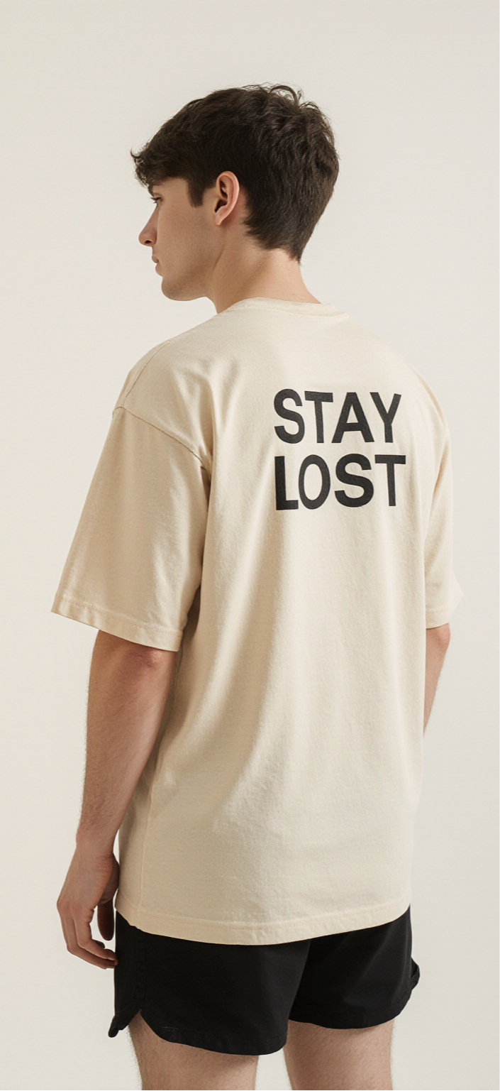 Stay Lost Oversized T-Shirt – Sand Streetwear Tee with Abstract Landscape Graphic
