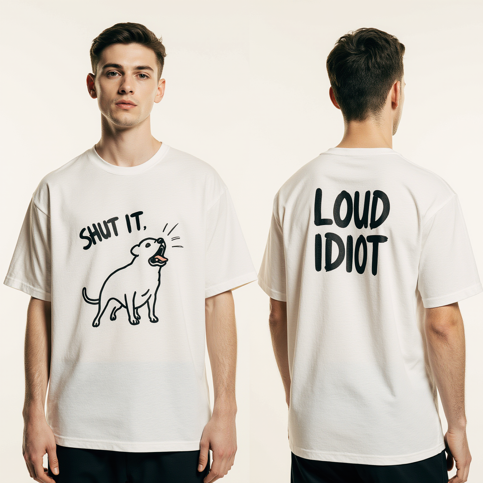 Shut It Oversized T-Shirt – Funny Dog Graphic Streetwear Tee with “Loud Idiot” Back Print
