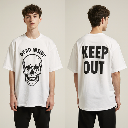 Dead Inside Oversized T-Shirt – White Streetwear Tee with Skull Graphic & Keep Out Back Print