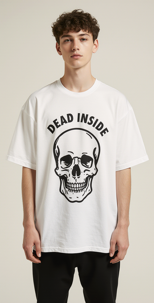 Dead Inside Oversized T-Shirt – White Streetwear Tee with Skull Graphic & Keep Out Back Print