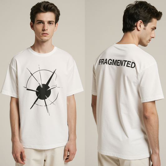 Fragmented Oversized T-Shirt – White Minimalist Streetwear Tee with Abstract Graphic