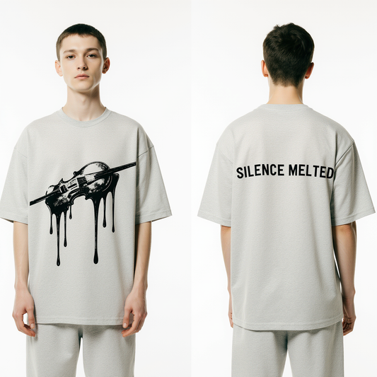 Oversized Grey T-Shirt for Men – Melting Violin Graphic – Streetwear "Silence Melted"