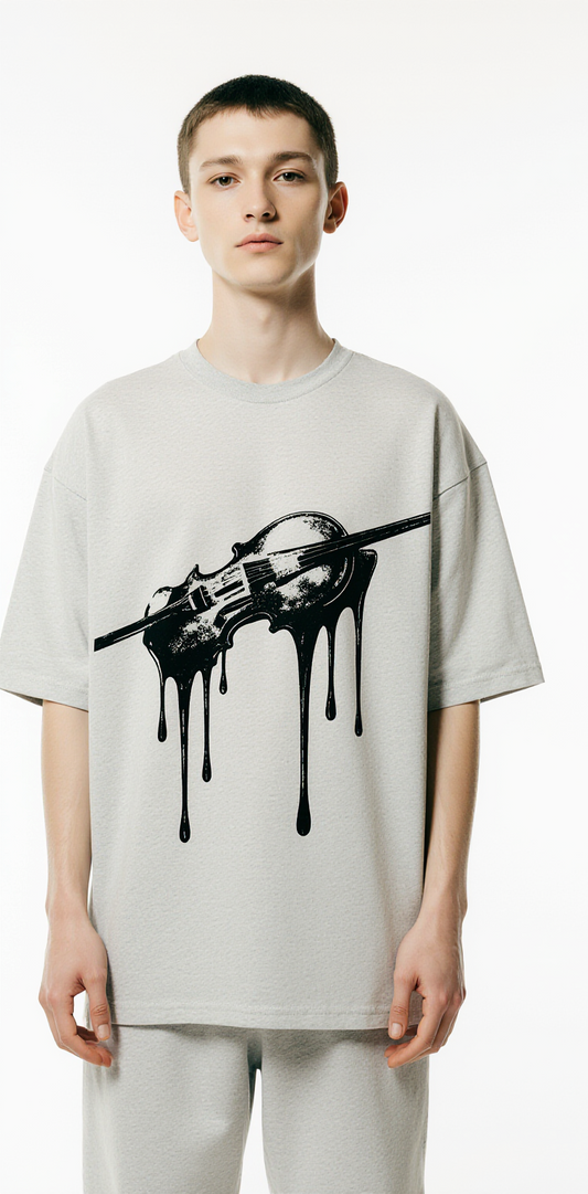 Oversized Grey T-Shirt for Men – Melting Violin Graphic – Streetwear "Silence Melted"