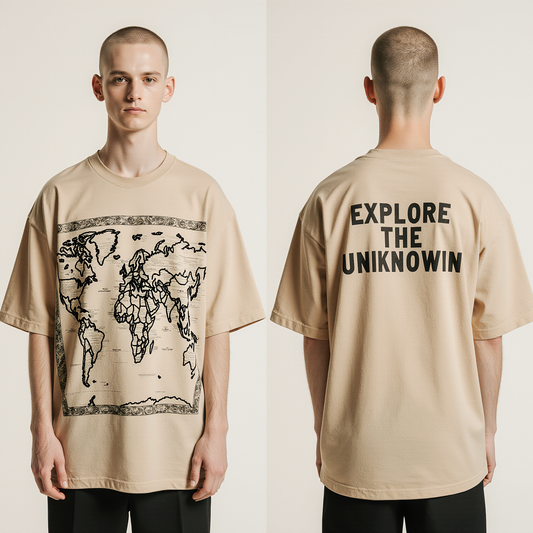 Men’s Oversized Sand Beige T-Shirt – “EXPLORE THE UNKNOWN” Travel Map Graphic Tee