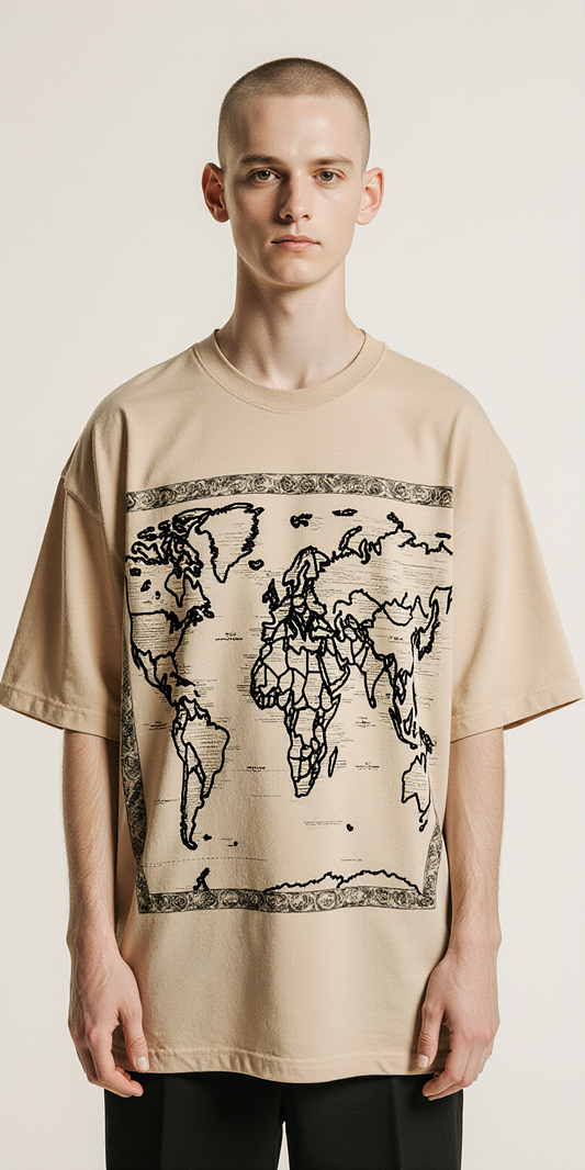 Men’s Oversized Sand Beige T-Shirt – “EXPLORE THE UNKNOWN” Travel Map Graphic Tee