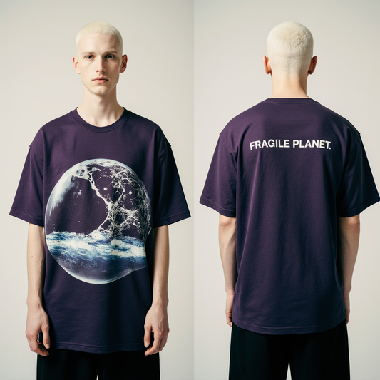 Oversized Purple T-Shirt for Men – Cracked Earth Graphic – Streetwear "Fragile Planet"