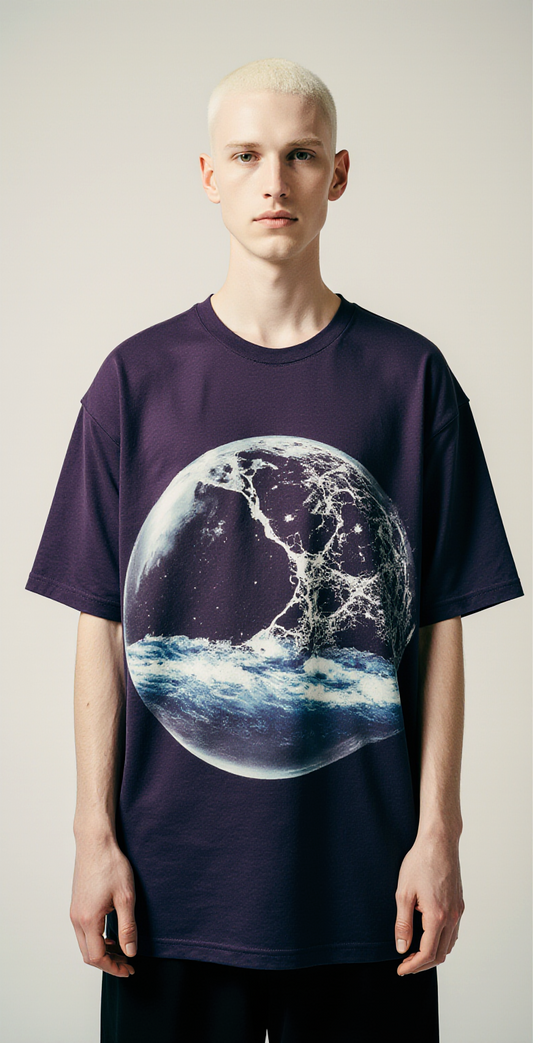 Oversized Purple T-Shirt for Men – Cracked Earth Graphic – Streetwear "Fragile Planet"