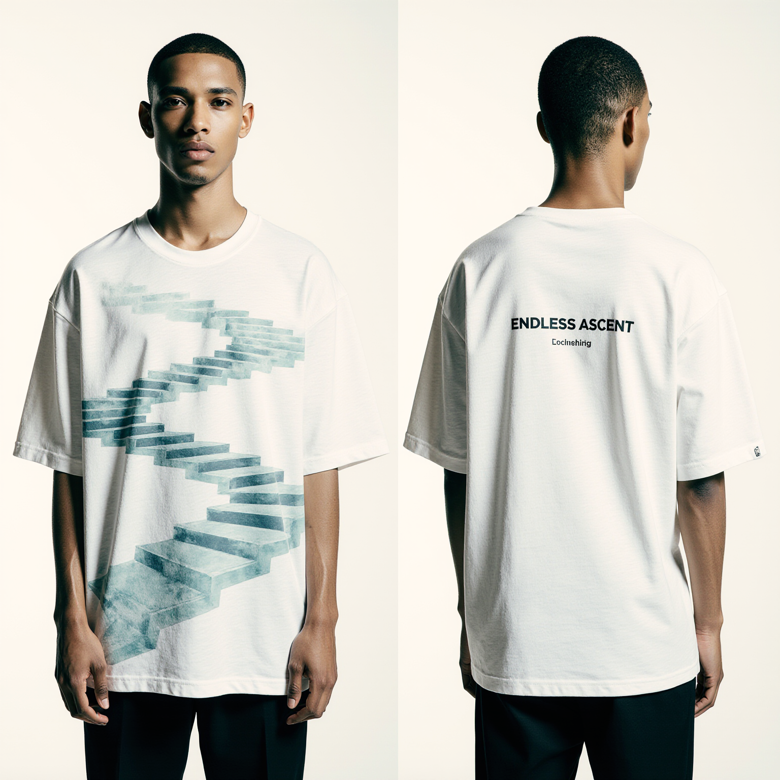Oversized White T-Shirt for Men – Endless Stairs Graphic – Streetwear "Endless Ascent"