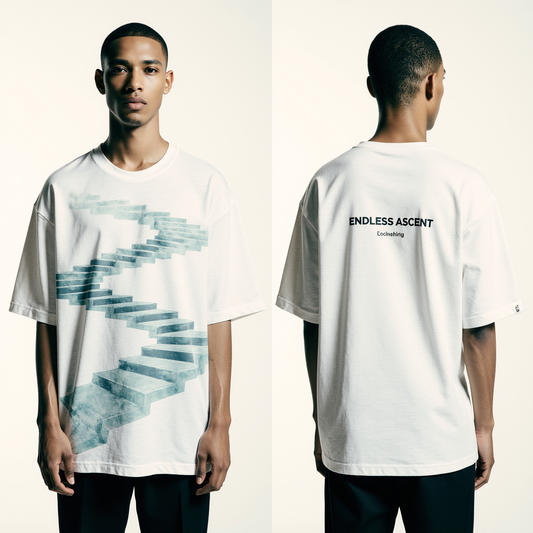 Oversized White T-Shirt for Men – Endless Stairs Graphic – Streetwear "Endless Ascent"