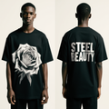 Men’s Oversized Black T-Shirt – “STEEL BEAUTY” Graphic Rose Streetwear Tee