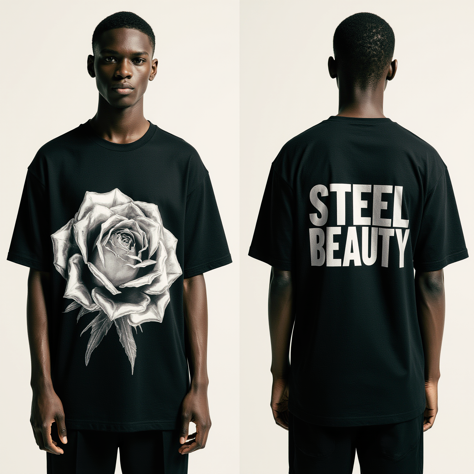 Men’s Oversized Black T-Shirt – “STEEL BEAUTY” Graphic Rose Streetwear Tee
