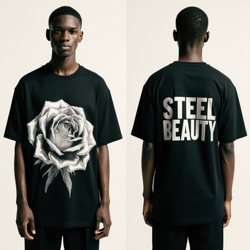 Men’s Oversized Black T-Shirt – “STEEL BEAUTY” Graphic Rose Streetwear Tee