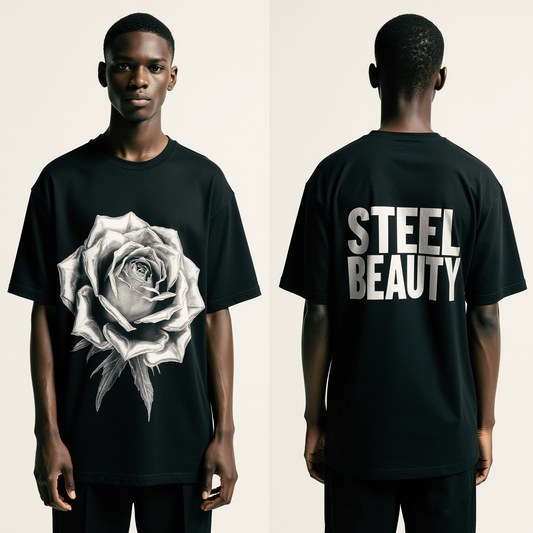 Men’s Oversized Black T-Shirt – “STEEL BEAUTY” Graphic Rose Streetwear Tee