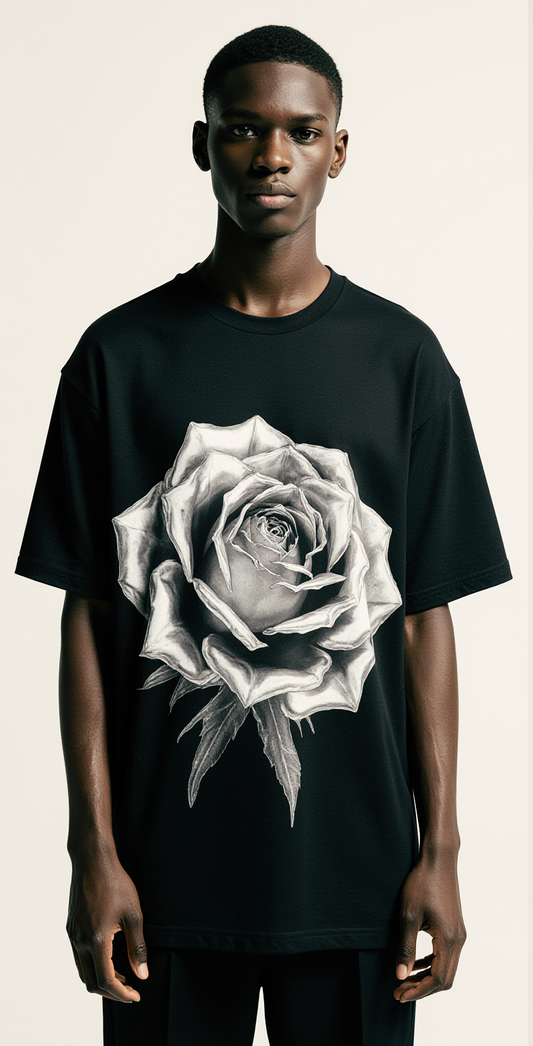 Men’s Oversized Black T-Shirt – “STEEL BEAUTY” Graphic Rose Streetwear Tee