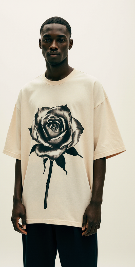 Men’s Oversized Beige T-Shirt – “STEEL BEAUTY” Black Rose Graphic Streetwear Tee