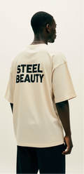 Men’s Oversized Beige T-Shirt – “STEEL BEAUTY” Black Rose Graphic Streetwear Tee