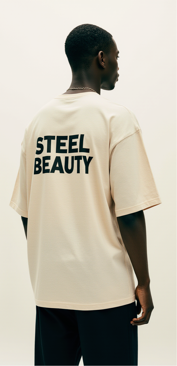 Men’s Oversized Beige T-Shirt – “STEEL BEAUTY” Black Rose Graphic Streetwear Tee