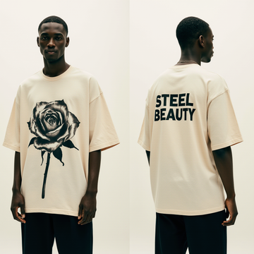 Men’s Oversized Beige T-Shirt – “STEEL BEAUTY” Black Rose Graphic Streetwear Tee