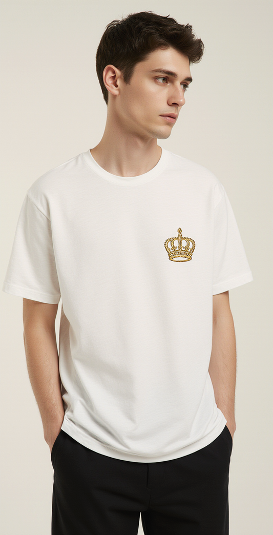 Men’s Oversized White T-Shirt – “ROYAL CODE” Golden Crown Luxury Streetwear Tee