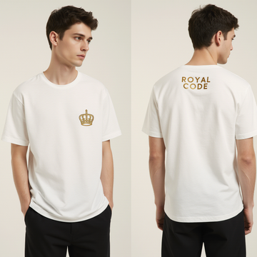 Men’s Oversized White T-Shirt – “ROYAL CODE” Golden Crown Luxury Streetwear Tee