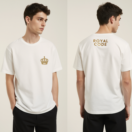 Men’s Oversized White T-Shirt – “ROYAL CODE” Golden Crown Luxury Streetwear Tee