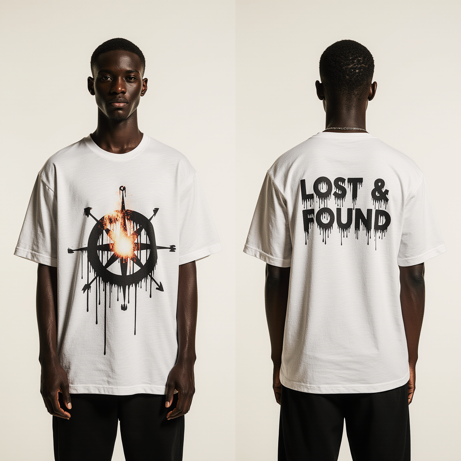Lost & Found Oversized T-Shirt – White Compass Graphic Streetwear Tee | Unisex Urban Fashion Top