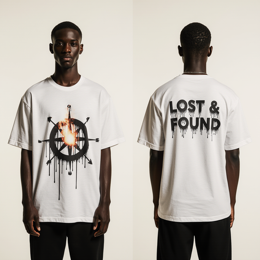 Lost & Found Oversized T-Shirt – White Compass Graphic Streetwear Tee | Unisex Urban Fashion Top