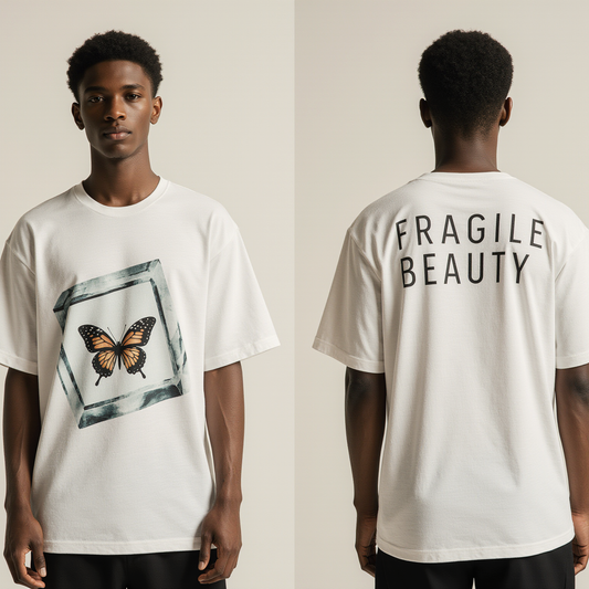 Fragile Beauty Butterfly Oversized T-Shirt – White Graphic Streetwear Tee | Unisex Minimal Fashion Cotton Top