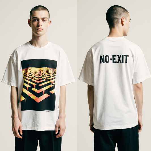 Oversized White T-Shirt – NO-EXIT Graphic Tee with Maze Print | Urban Streetwear