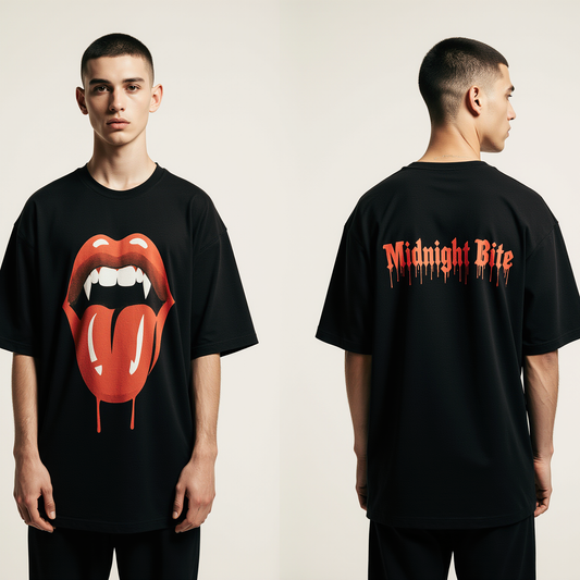 Midnight Bite Oversized T-Shirt | Gothic Vampire Lips Graphic Streetwear Tee for Men & Women | Black Fashion Top