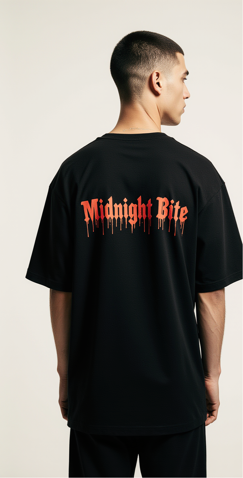 Midnight Bite Oversized T-Shirt | Gothic Vampire Lips Graphic Streetwear Tee for Men & Women | Black Fashion Top