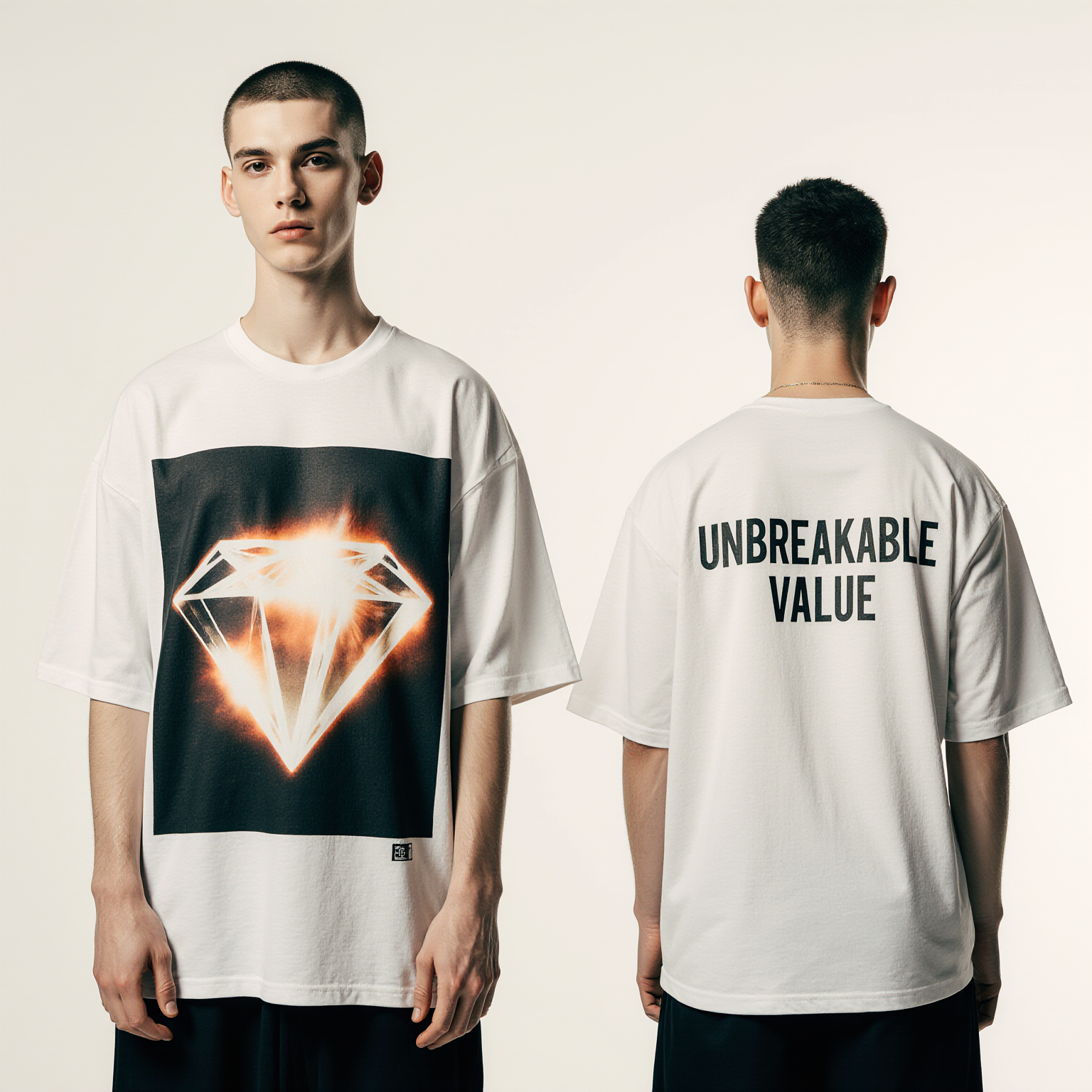Oversized White T-Shirt "Unbreakable Value" – Luxury Diamond Graphic Streetwear Tee