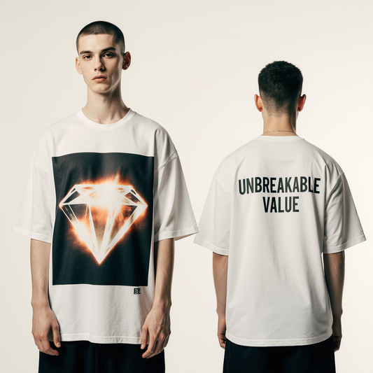Oversized White T-Shirt "Unbreakable Value" – Luxury Diamond Graphic Streetwear Tee
