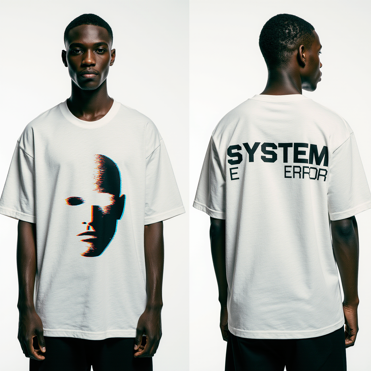 Men’s Oversized White T-Shirt – “SYSTEM ERROR” Glitch Art Streetwear Tee