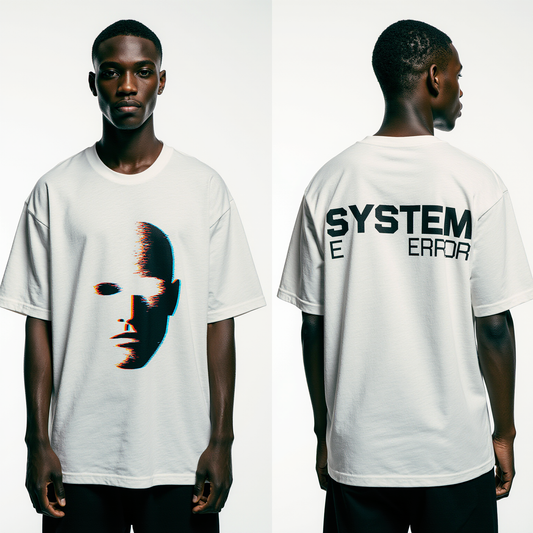 Men’s Oversized White T-Shirt – “SYSTEM ERROR” Glitch Art Streetwear Tee