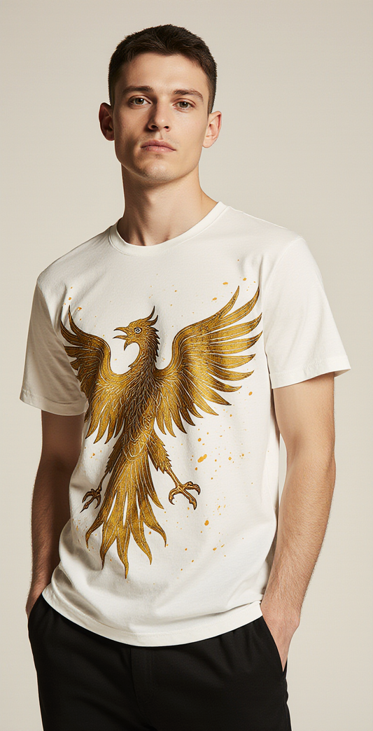 Men’s Oversized White T-Shirt – Golden Phoenix “REBORN AGAIN” Graphic Tee