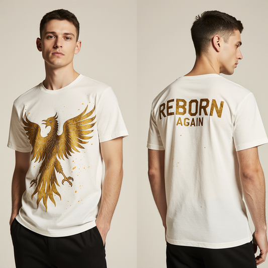 Men’s Oversized White T-Shirt – Golden Phoenix “REBORN AGAIN” Graphic Tee