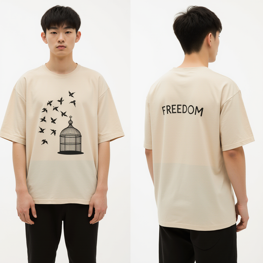 Men’s Oversized Beige T-Shirt – “FREEDOM” Graphic Tee with Birds and Cage Design