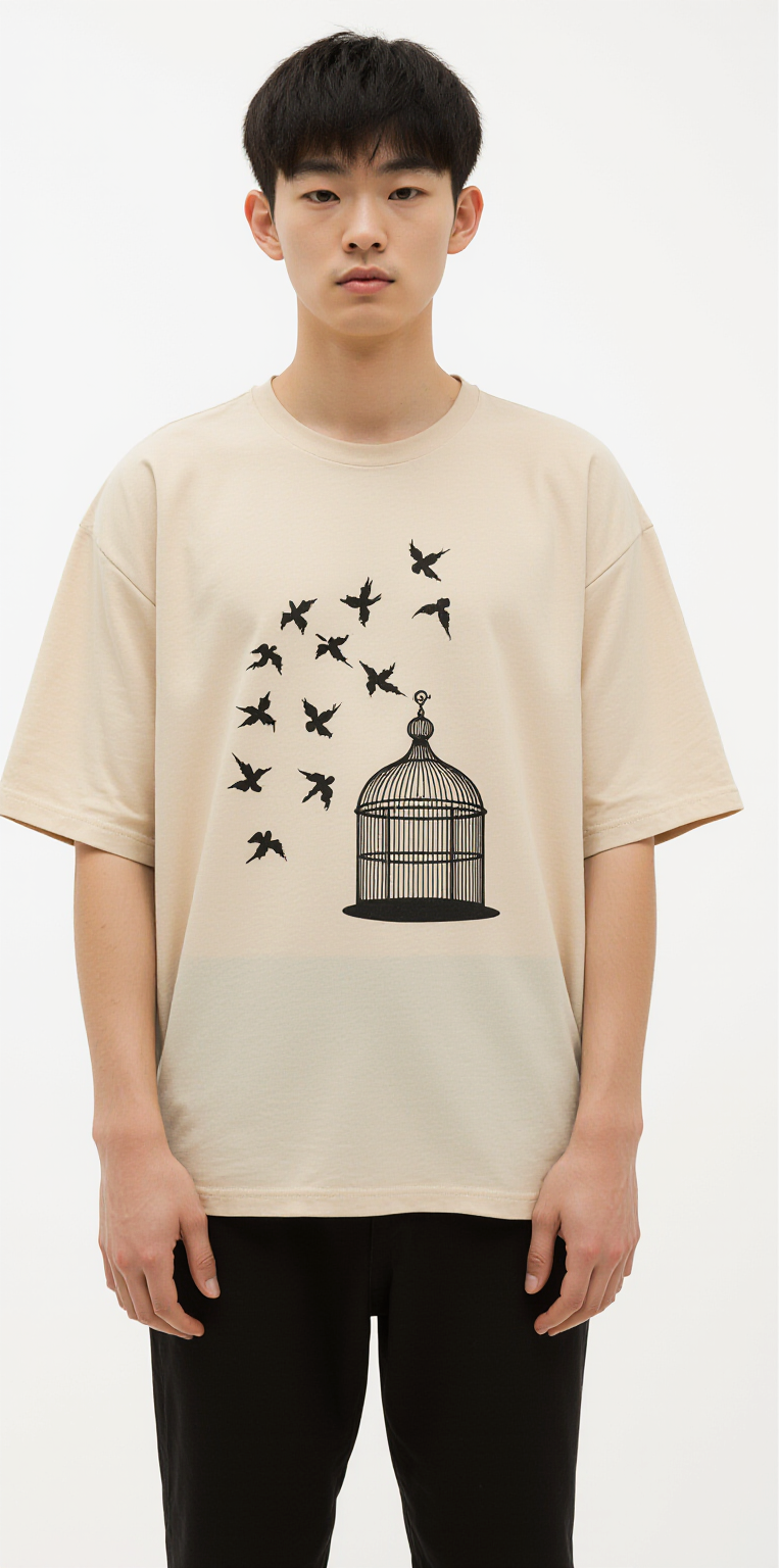 Men’s Oversized Beige T-Shirt – “FREEDOM” Graphic Tee with Birds and Cage Design