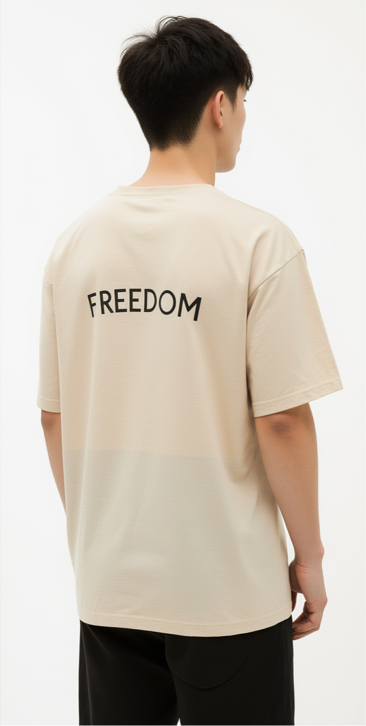 Men’s Oversized Beige T-Shirt – “FREEDOM” Graphic Tee with Birds and Cage Design
