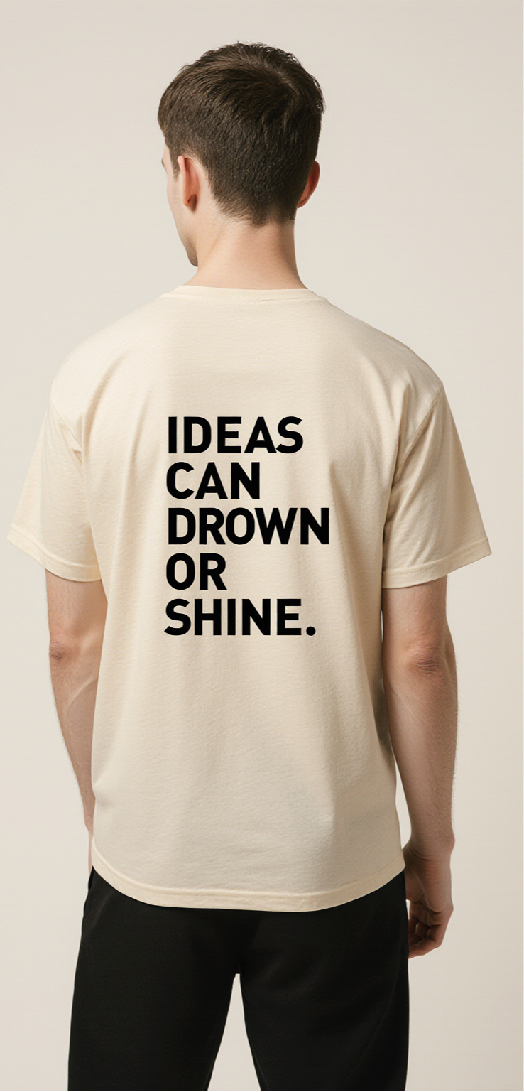 Oversized Beige T-Shirt "Ideas Can Drown or Shine" – Creative Light Bulb Graphic Tee