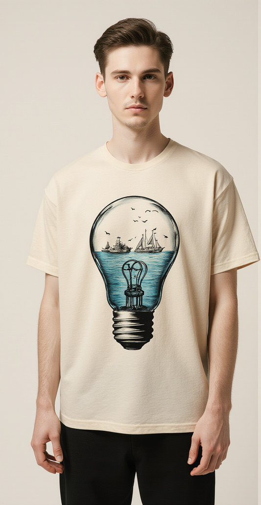 Oversized Beige T-Shirt "Ideas Can Drown or Shine" – Creative Light Bulb Graphic Tee