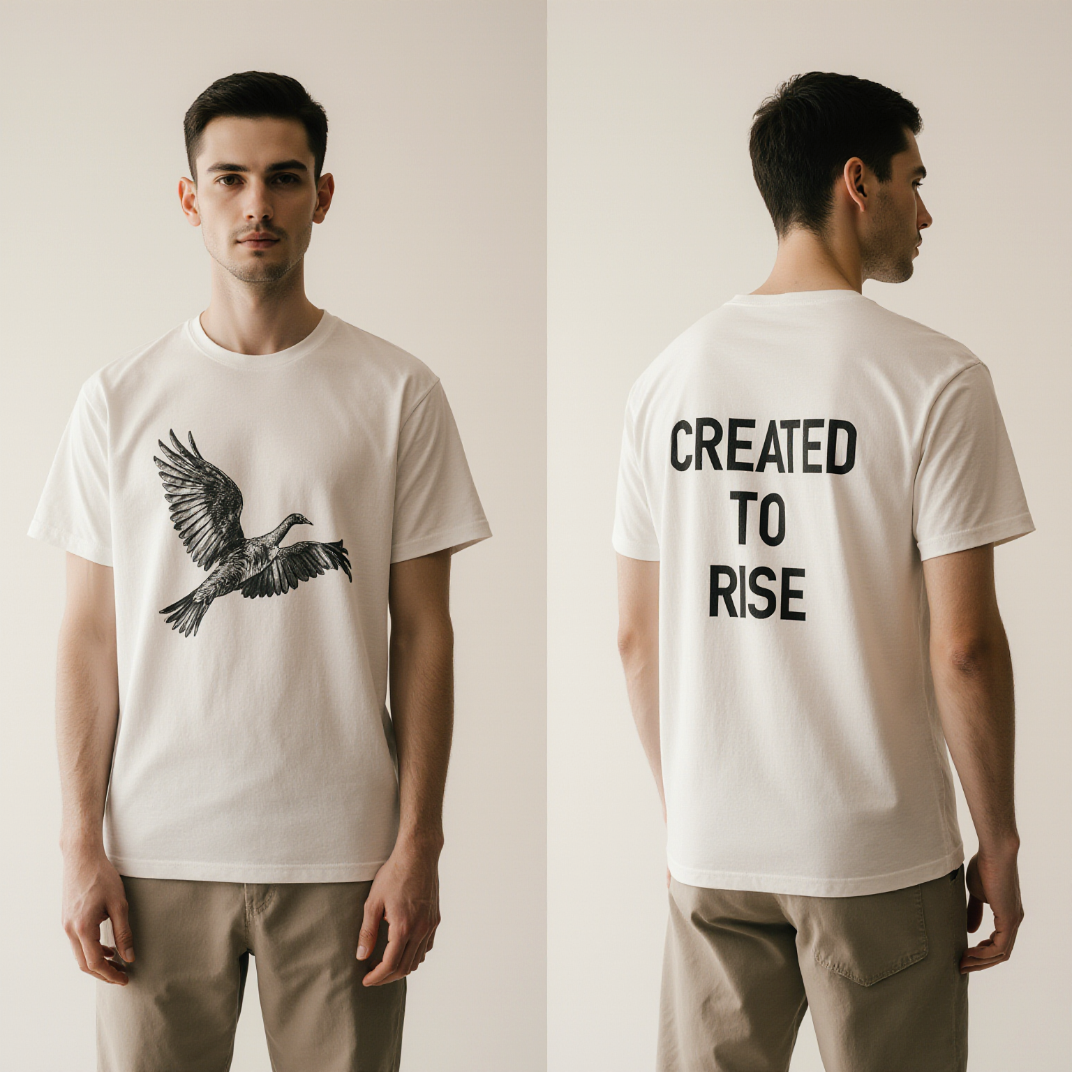 Oversized White T-Shirt "Created to Rise" – Minimalist Bird Graphic Streetwear Tee