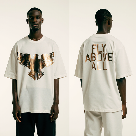 Oversized White T-Shirt "Fly Above All" – Golden Eagle Streetwear Graphic Tee